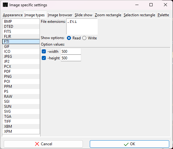 FTI Image type settings